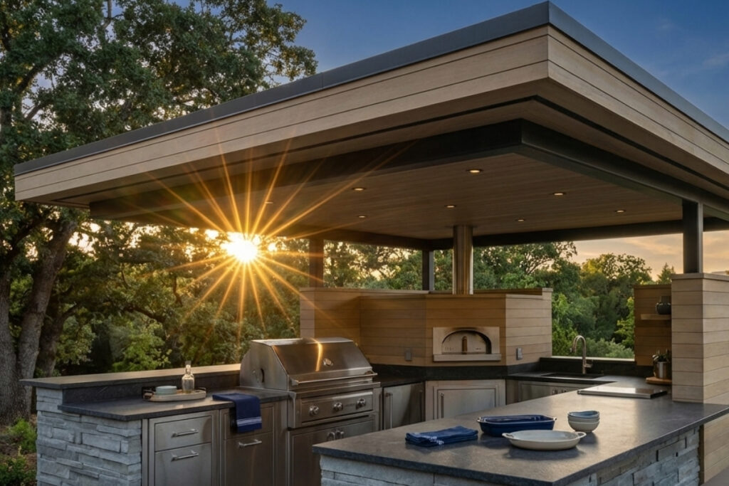 Bee Green Outdoor Living Pergolas and Pavilions Modern Flat Roof Pavilion with Outdoor Kitchen and Recessed Lighting at Sunset