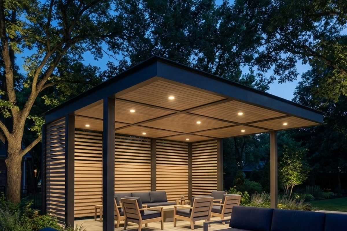 Bee Green Outdoor Living Pergolas and Pavilions Modern Metal Frame Pergola with Cedar Slat Privacy Walls and Recessed LED Lighting at Night