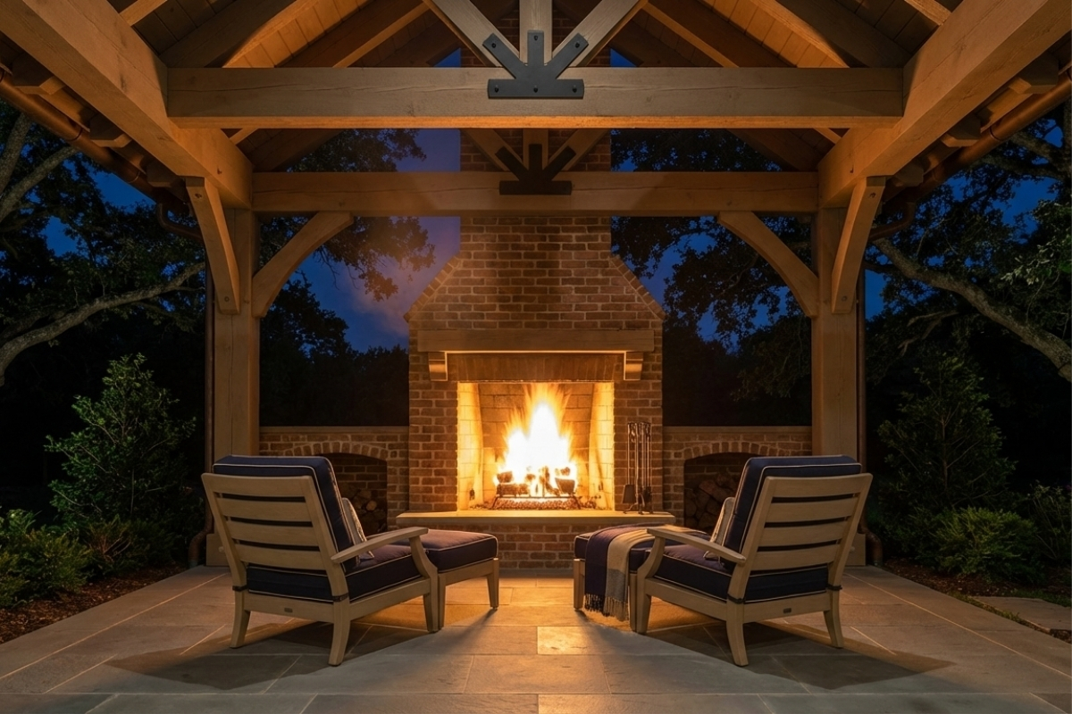 Bee Green Outdoor Living Pergolas and Pavilions Timber Frame Cathedral Pavilion with Brick Outdoor Fireplace and Seating at Night