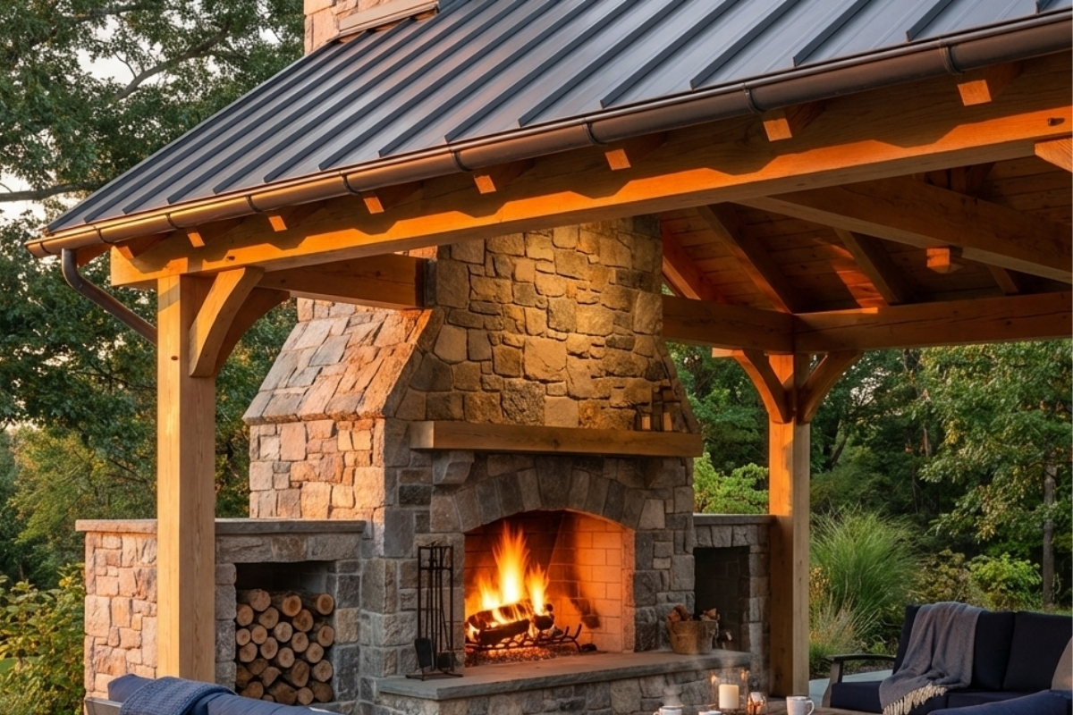 Bee Green Outdoor Living Pergolas and Pavilions Timber Frame Pavilion with Metal Roof and Natural Stone Fireplace with Wood Storage at Dusk