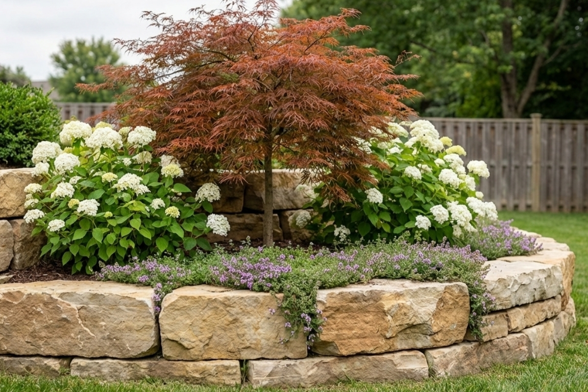 Bee Green Outdoor Living Retaining Walls Circular Natural Fieldstone Raised Garden Bed with Japanese Maple and Hydrangeas on Residential Property