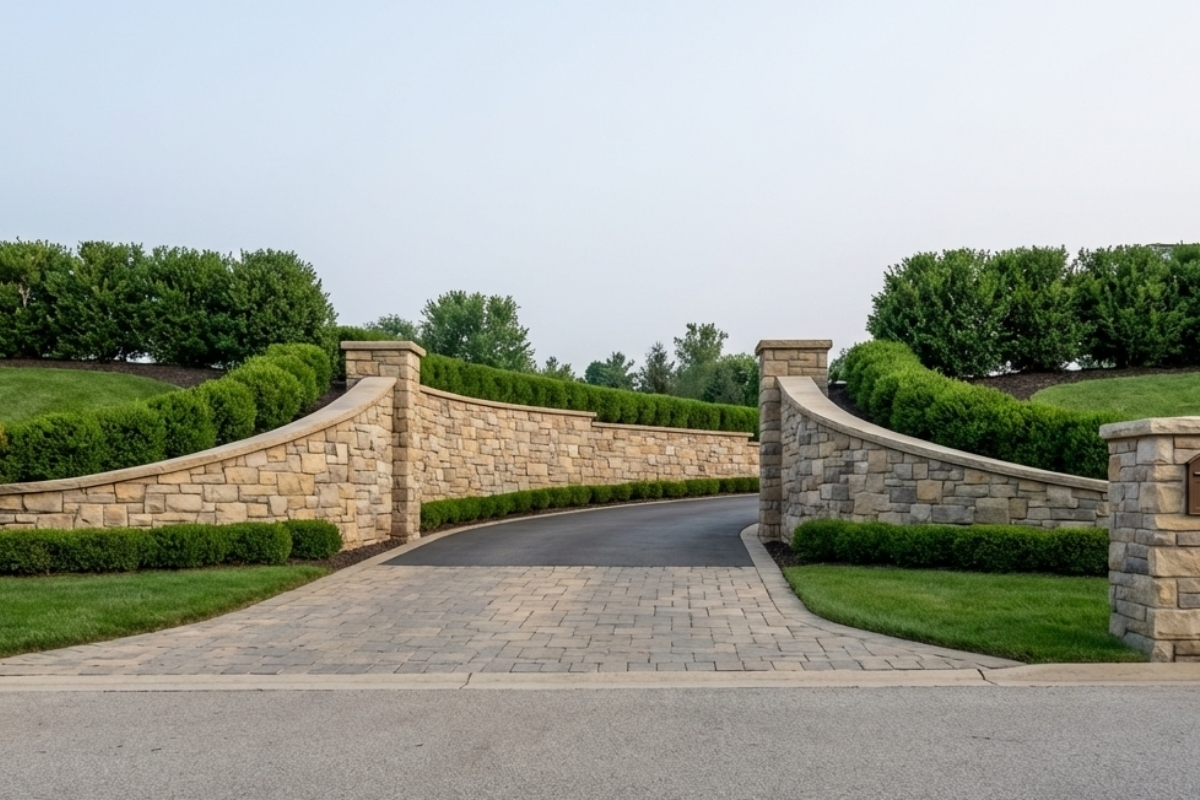 Bee Green Outdoor Living Retaining Walls Curved Estate Entry Stone Walls with Pillars and Paver Driveway Entrance