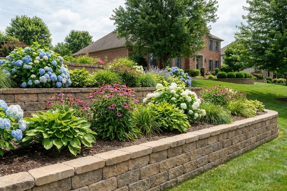 Bee Green Outdoor Living Retaining Walls Curved Segmental Block Raised Garden Bed with Hydrangeas and Mixed Perennials at Brick Estate