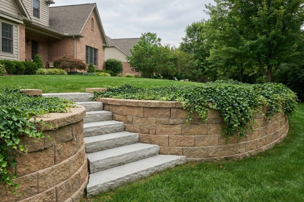 Bee Green Outdoor Living Retaining Walls Curved Segmental Block Retaining Wall with Integrated Steps and Ivy Groundcover at Brick Residential Home