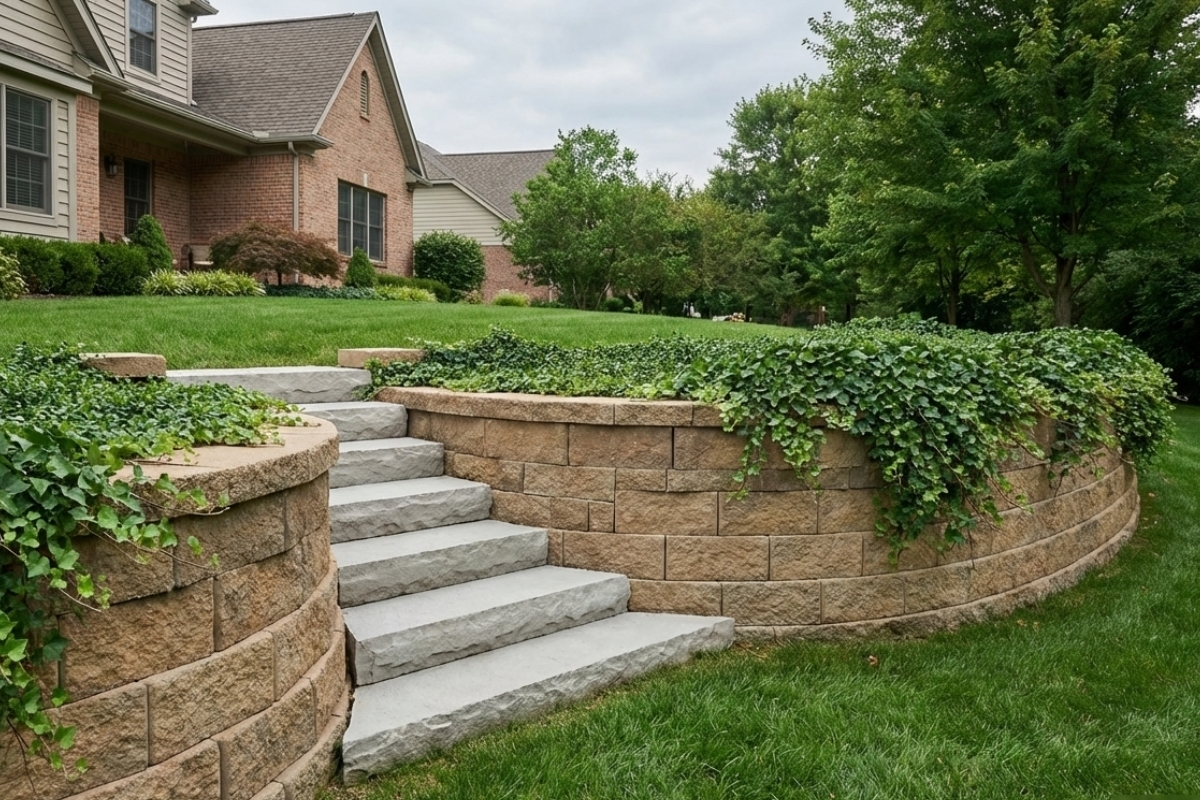 Bee Green Outdoor Living Retaining Walls Curved Segmental Block Retaining Wall with Integrated Steps and Ivy Groundcover at Brick Residential Home