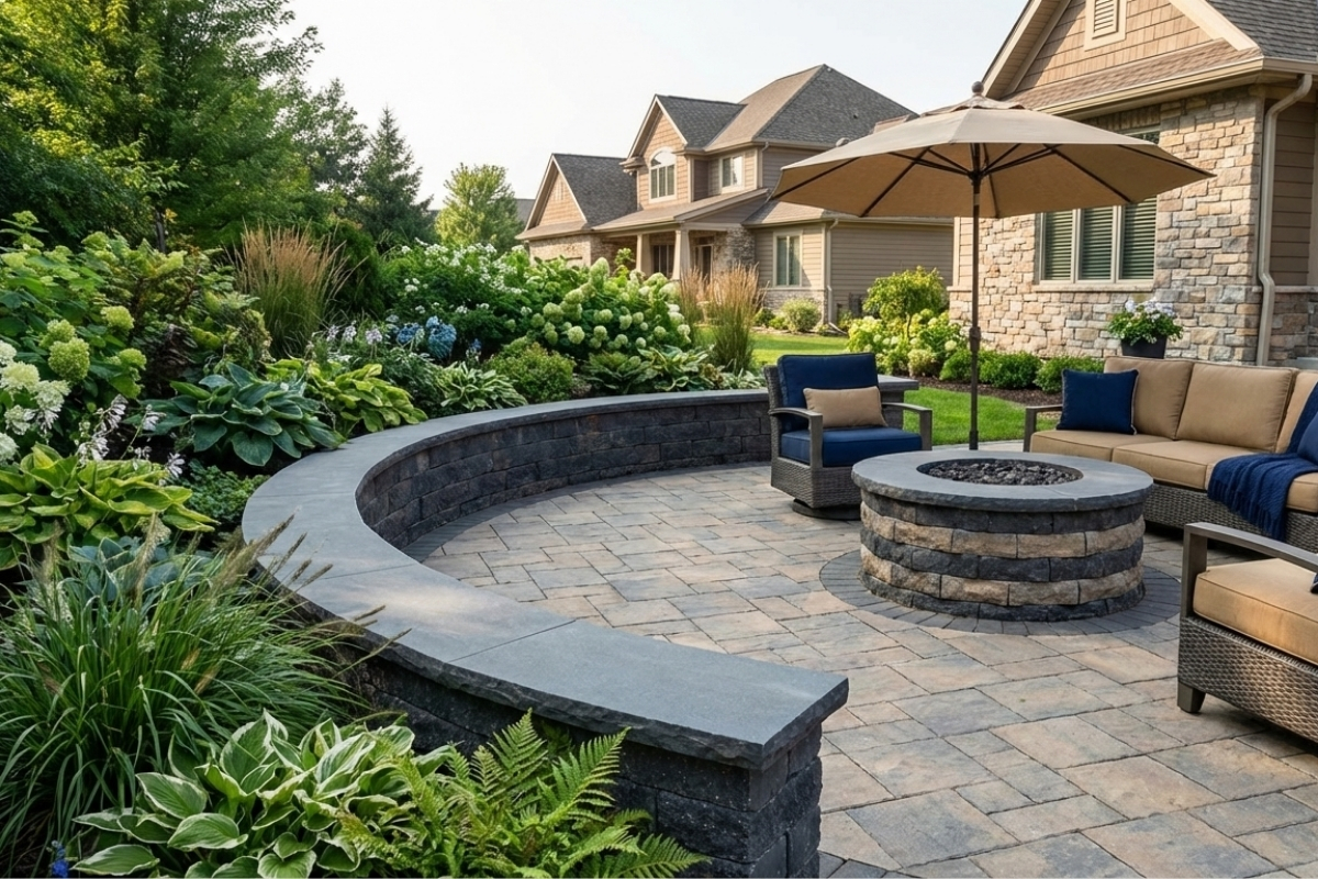 Bee Green Outdoor Living Retaining Walls Curved Segmental Block Seating Wall with Built In Fire Pit on Residential Paver Patio