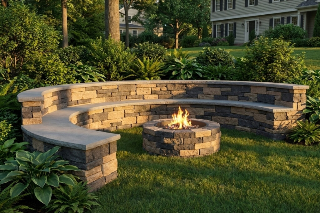 Bee Green Outdoor Living Retaining Walls Curved Segmental Block Seating Wall with Integrated Stone Fire Pit on Residential Lawn