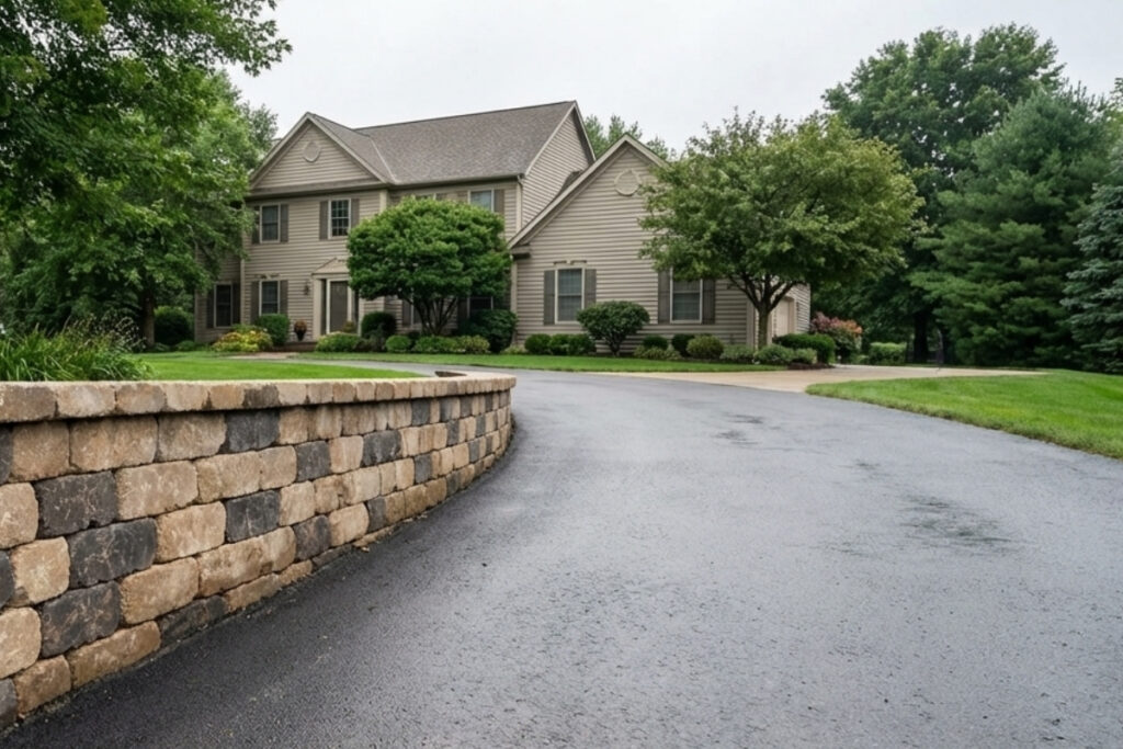 Bee Green Outdoor Living Retaining Walls Curved Two Tone Segmental Block Retaining Wall Along Circular Driveway of Colonial Residential Home