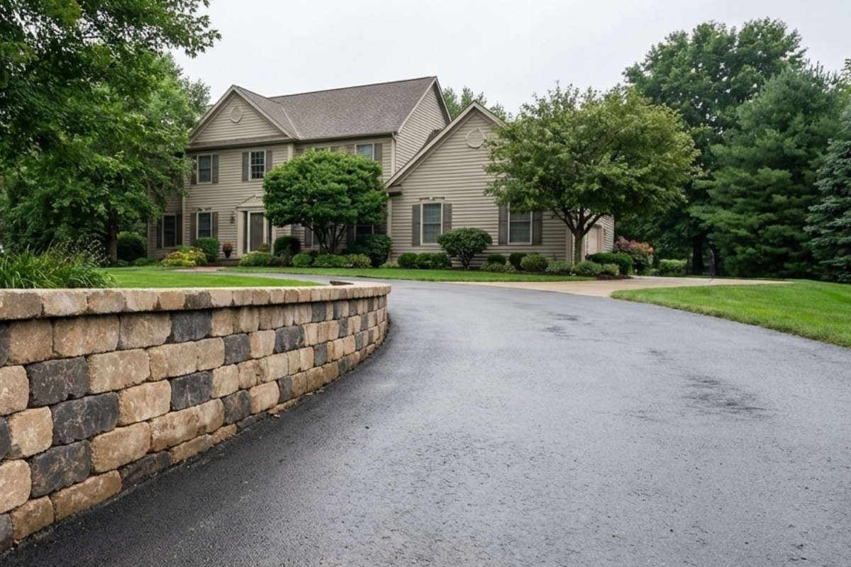 Bee Green Outdoor Living Retaining Walls Curved Two Tone Segmental Block Retaining Wall Along Circular Driveway of Colonial Residential Home