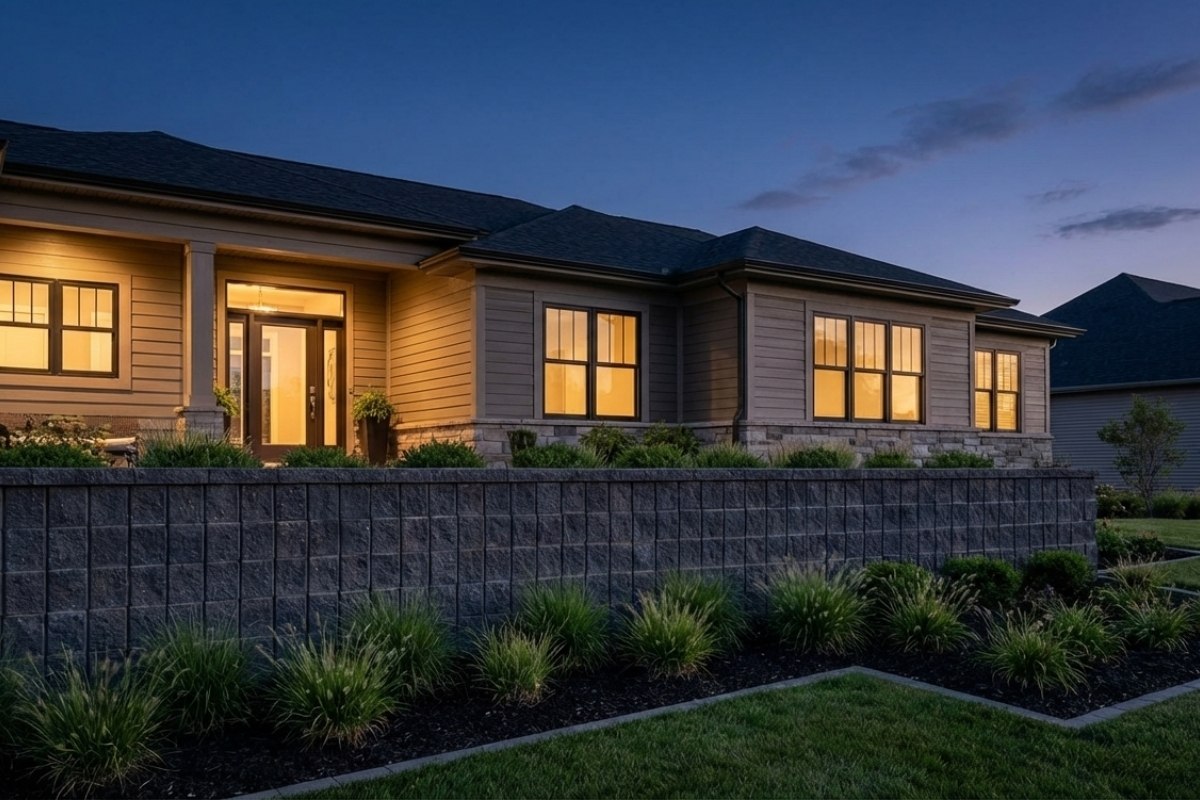 Bee Green Outdoor Living Retaining Walls Dark Charcoal Segmental Block Retaining Wall Along Front of Modern Ranch Residential Home at Dusk