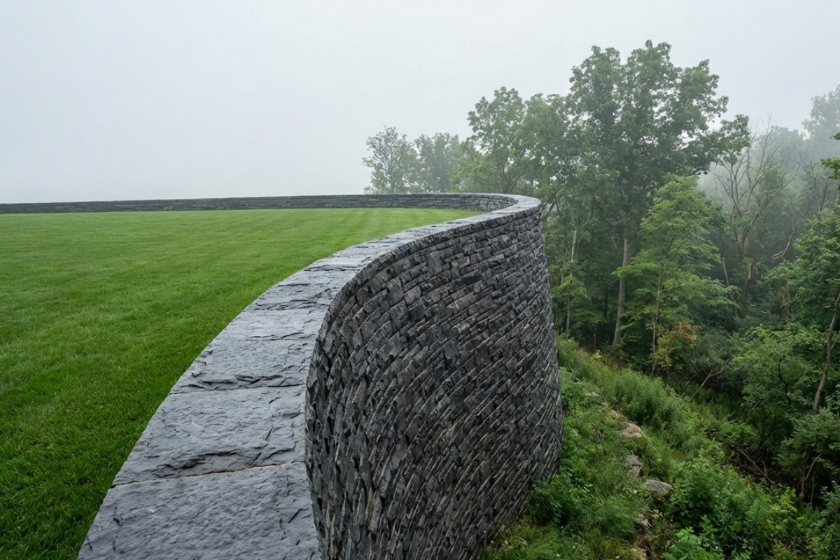 Bee Green Outdoor Living - Retaining Walls - Dramatic Sweeping Curved Dry-Stack Stone Retaining Wall on Large Residential Estate Lawn