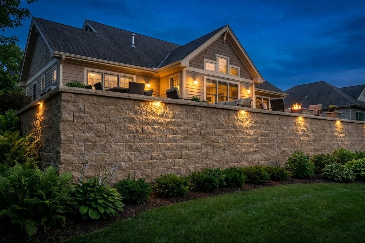 Bee Green Outdoor Living Retaining Walls Illuminated Large Segmental Block Retaining Wall at Night with Elevated Patio on Craftsman Residential Home