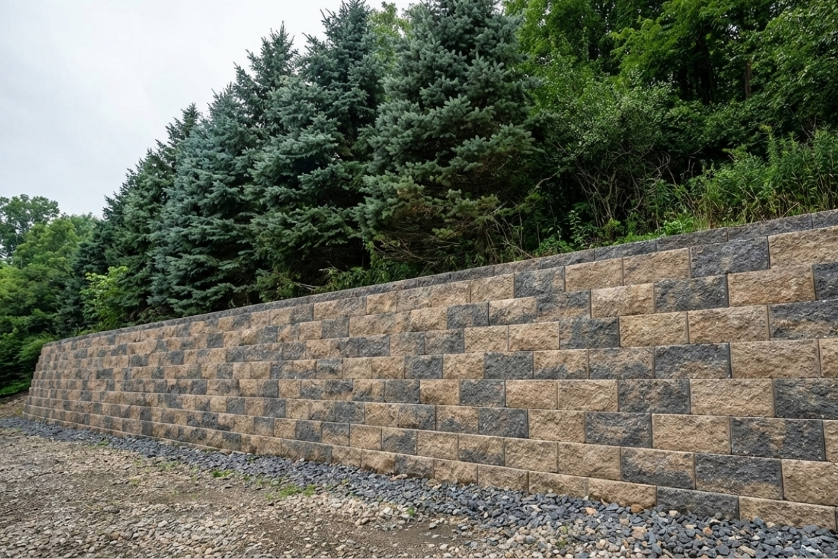 Bee Green Outdoor Living Retaining Walls Large Segmental Block Retaining Wall Holding Back Steep Wooded Hillside