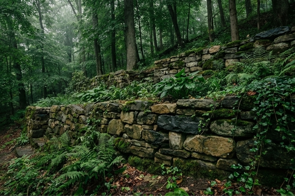 Bee Green Outdoor Living Retaining Walls Natural Dry Stack Fieldstone Retaining Wall Terracing Wooded Hillside with Ferns and Moss