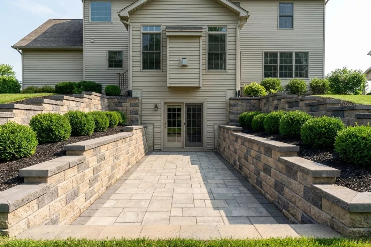 Bee Green Outdoor Living Retaining Walls Tiered Segmental Block Retaining Walls Creating Garden Terraces with Paver Patio at Residential Home