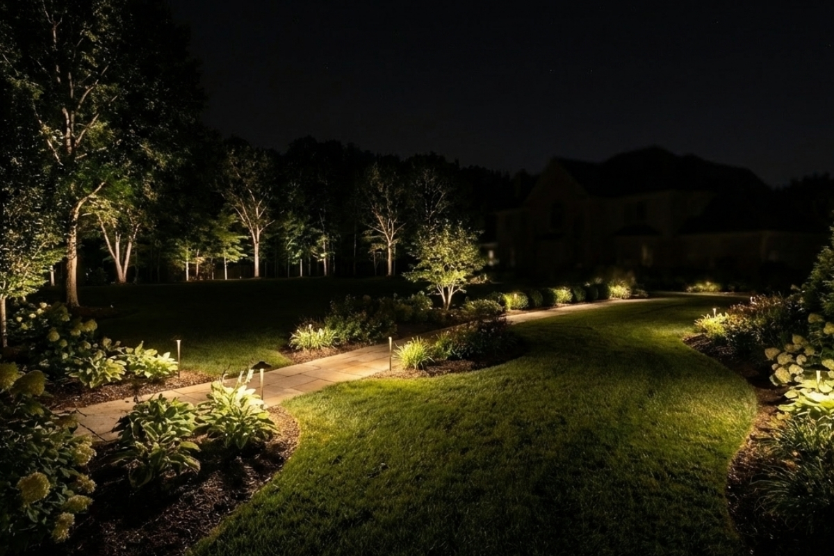 Bee Green Outdoor Living Softscapes Lighting Curved Paver Path with Bollard Lights Through Full Softscape Garden Beds and Uplighted Trees at Night