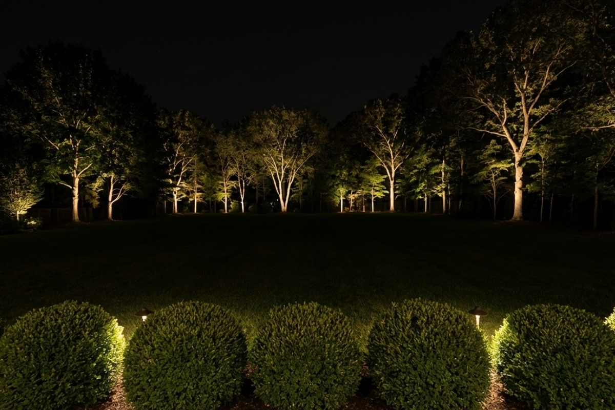 Bee Green Outdoor Living Softscapes Lighting Estate Lawn with Row of Uplighted Deciduous Trees and Boxwood Hedge Lighting at Night