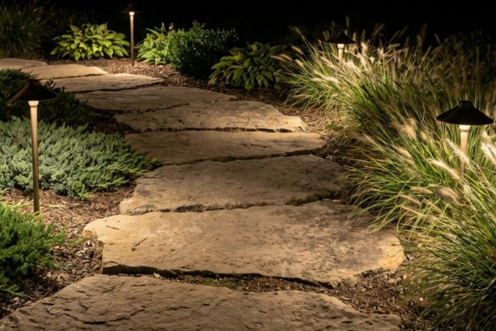 Bee Green Outdoor Living Softscapes Lighting Flagstone Stepping Stone Path with Bollard Lights Through Mixed Softscape Garden Bed at Night