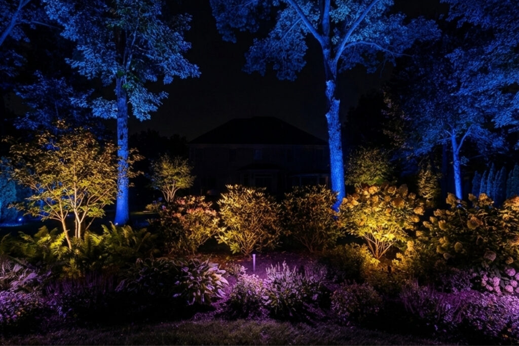Bee Green Outdoor Living Softscapes Lighting Full Softscape Garden Bed with Multi Color RGB Blue Amber and Purple LED Tree Uplighting at Night