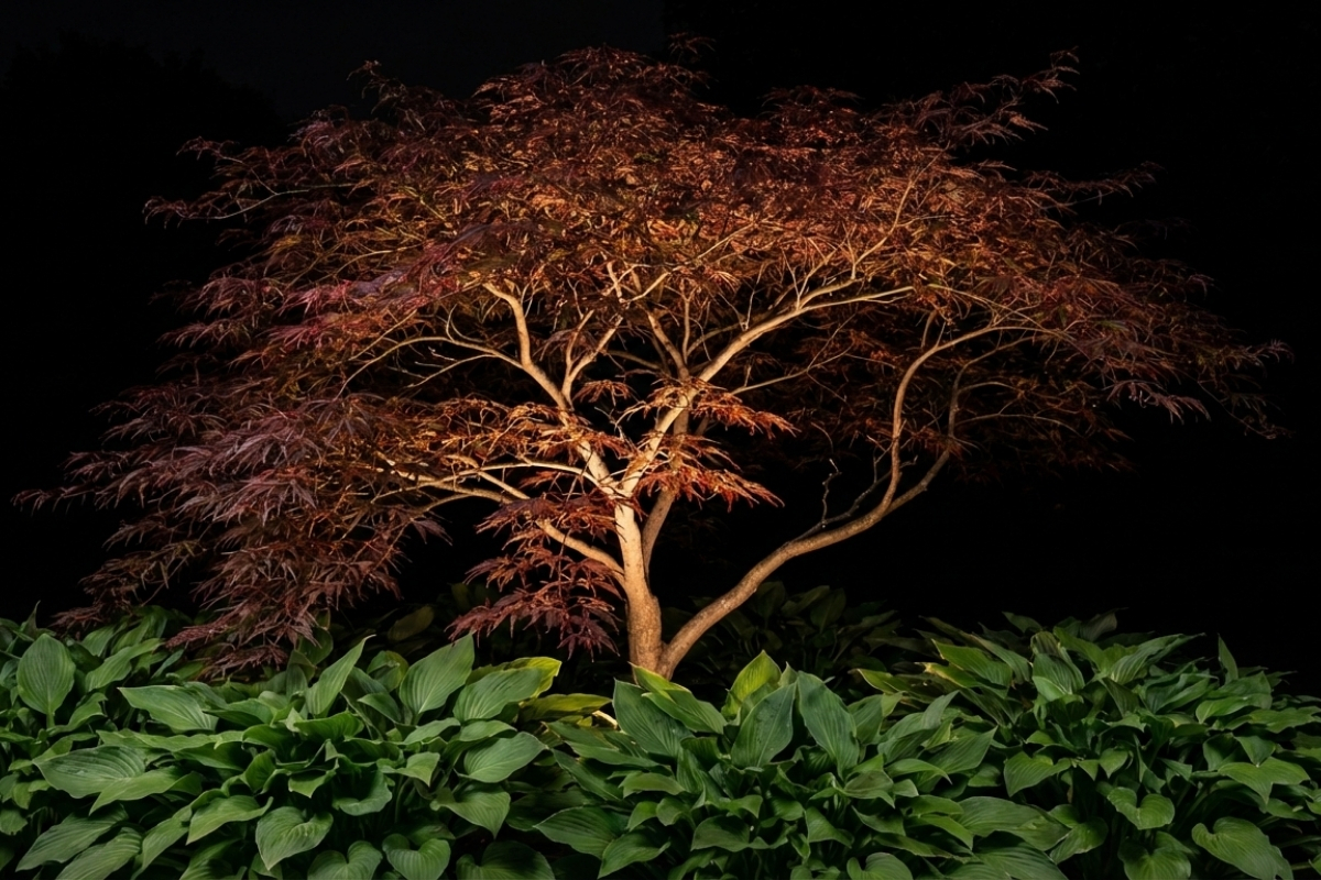 Bee Green Outdoor Living - Softscapes Lighting - Japanese Maple Specimen Tree Uplighted at Night with Hosta Groundcover Planting Bed