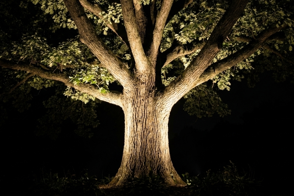 Bee Green Outdoor Living Softscapes Lighting Mature Oak Specimen Tree Dramatic Uplighting at Night