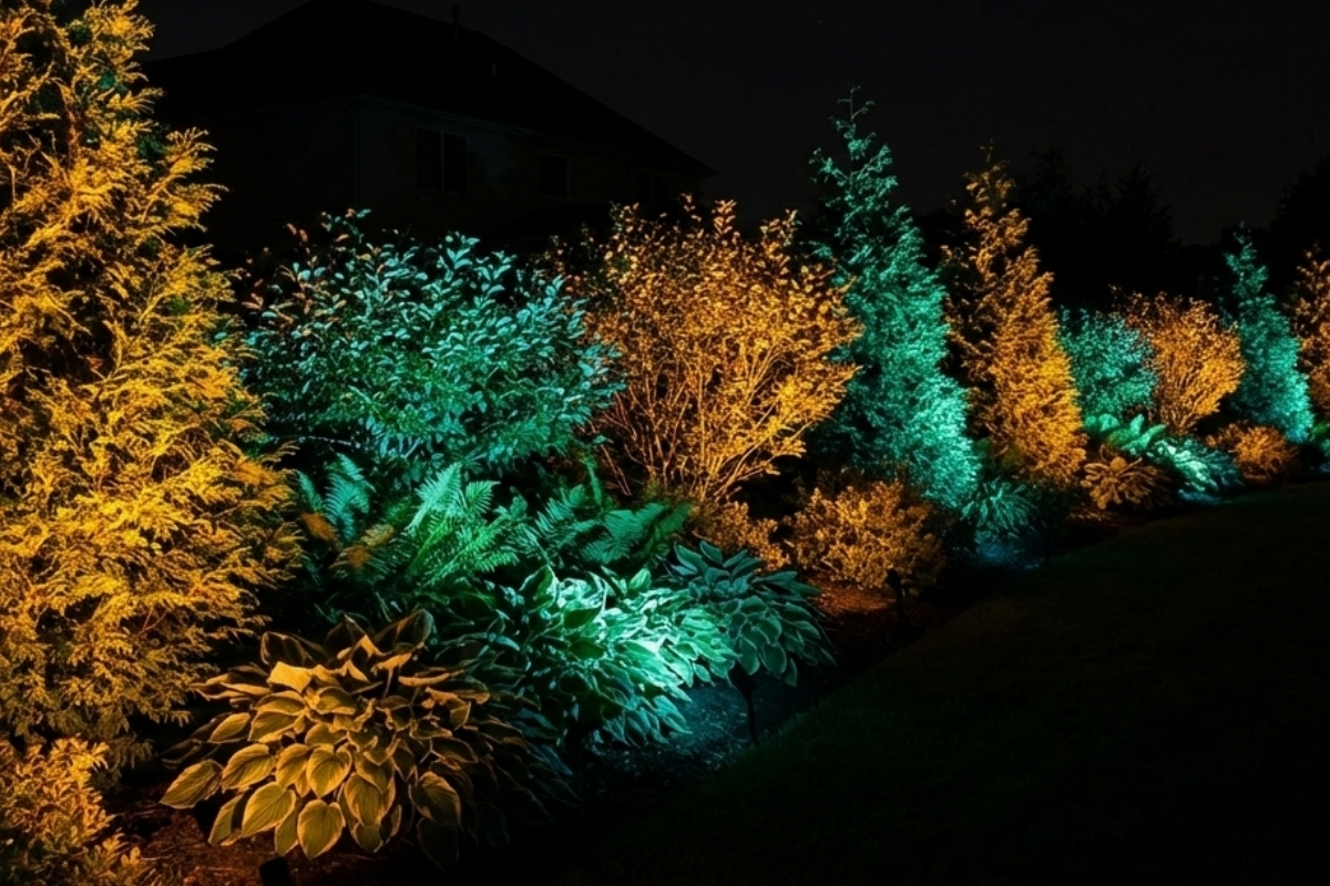Bee Green Outdoor Living Softscapes Lighting Mixed Shrub Border with Arborvitae and Ornamental Grasses in Multi Color Amber and Teal LED Lighting at Night