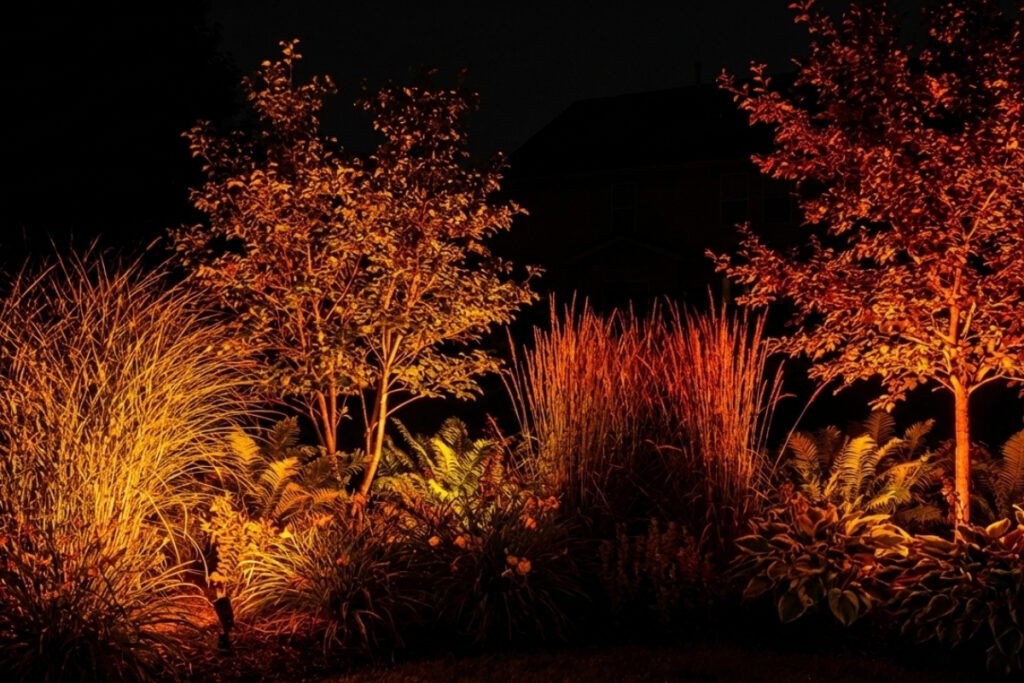 Bee Green Outdoor Living Softscapes Lighting Mixed Softscape Garden Bed with Ornamental Grasses and Specimen Trees in Warm Amber Uplighting at Night
