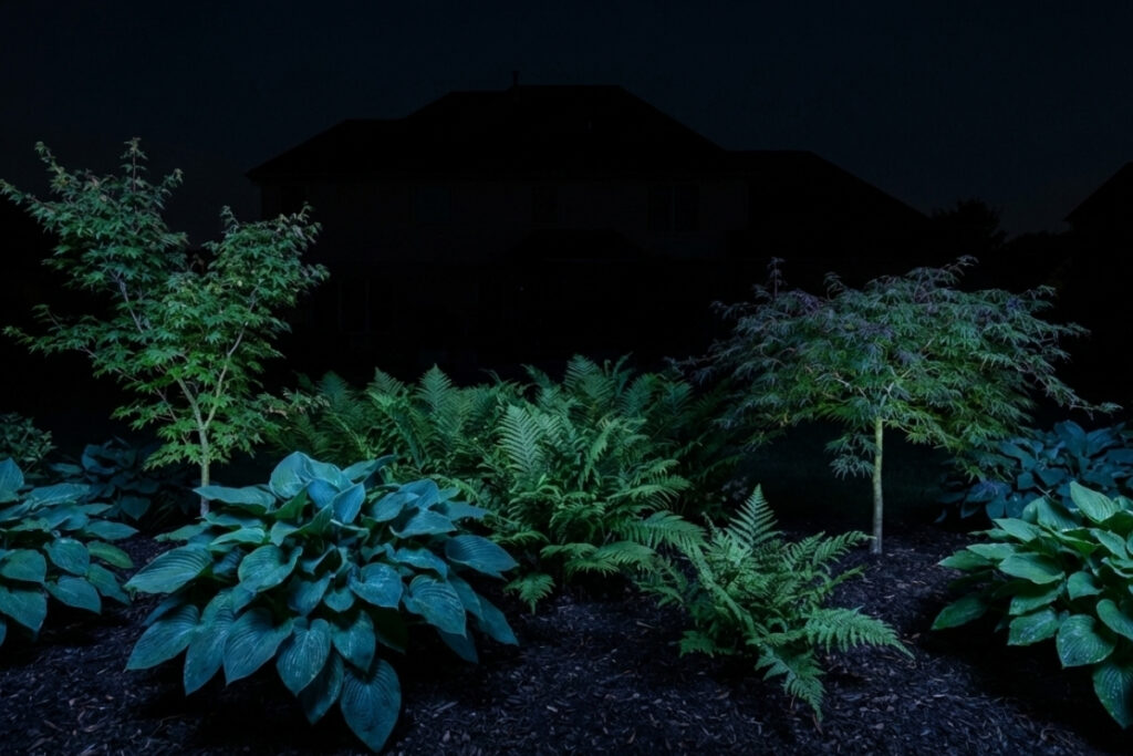 Bee Green Outdoor Living Softscapes Lighting Shade Garden with Uplighted Japanese Maples Hostas and Ferns at Night with Cool Toned Lighting