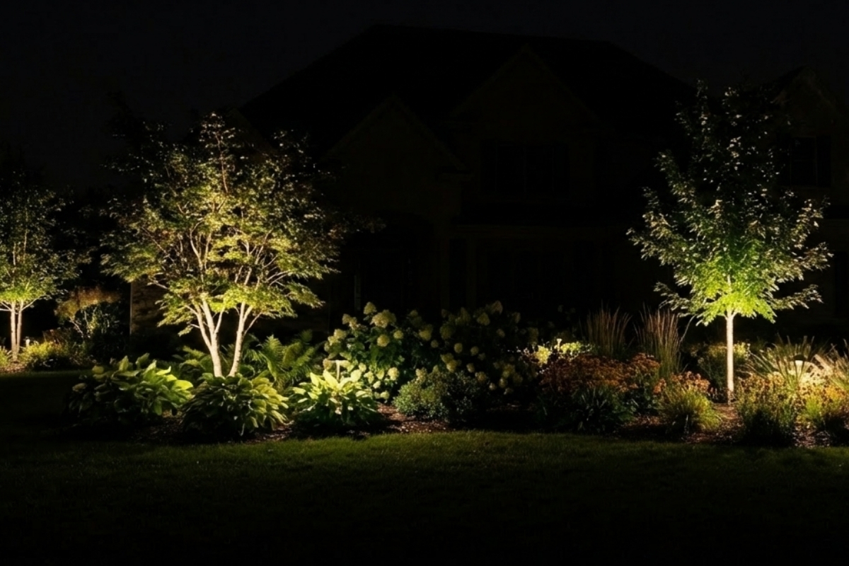 Bee Green Outdoor Living Softscapes Lighting Uplighted Ornamental Trees in Mixed Softscape Garden Bed with Hostas and Hydrangeas at Night