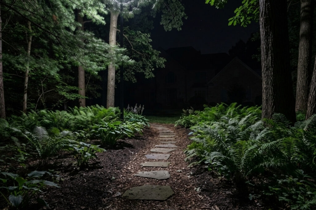 Bee Green Outdoor Living Softscapes Lighting Wooded Garden Path Through Fern and Hosta Softscape Beds with Tree Uplighting at Night