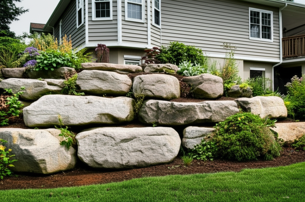 Boulder Walls used in retaining walls projects by Bee Green Outdoor Living